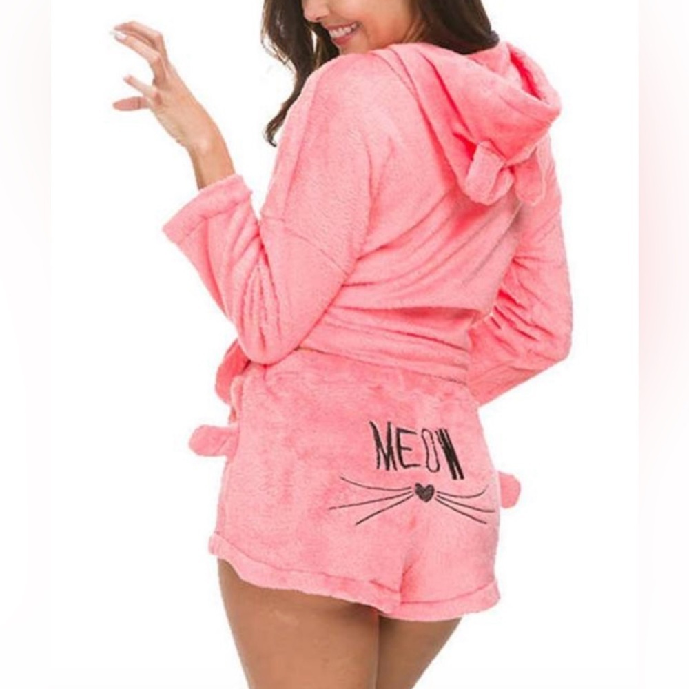 Women fleece PJ/ Lounge wear cat print Sz. S pink